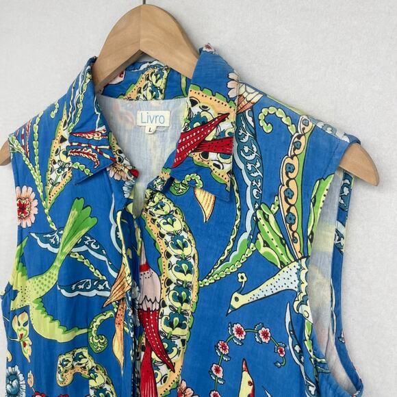 LIVRO Dress L Floral Bird Fit & Flare Button Front Mini Shirtdress Cotton Blue - Picture 6 of 16